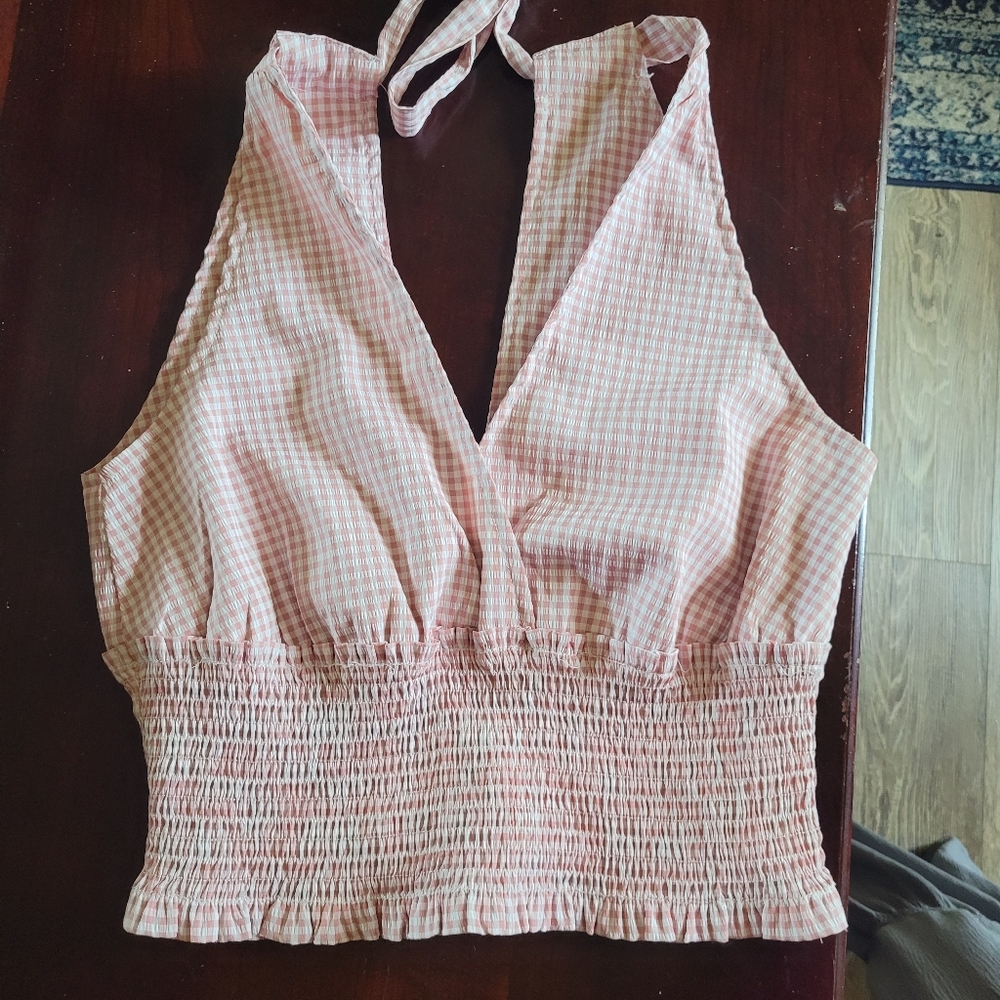 Day + Moon Size Medium Smocked Cropped Halter Top in Pink Gingham 💗